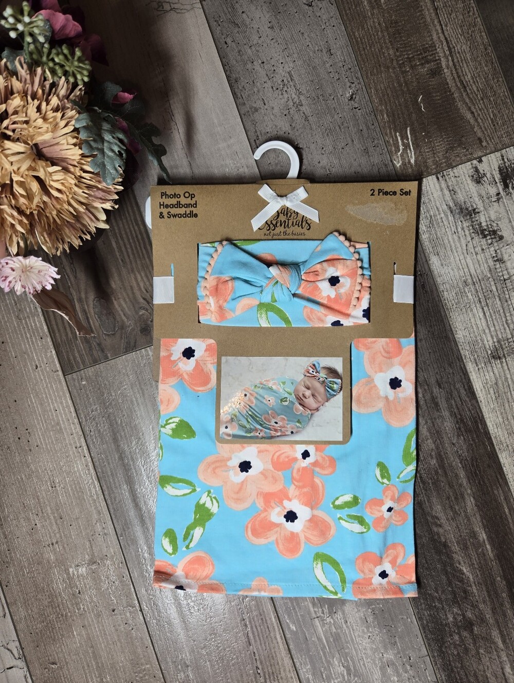 NWT Baby Essentials Floral Headwrap & Swaddle Set – Aqua, Peach, Green 2PC Set